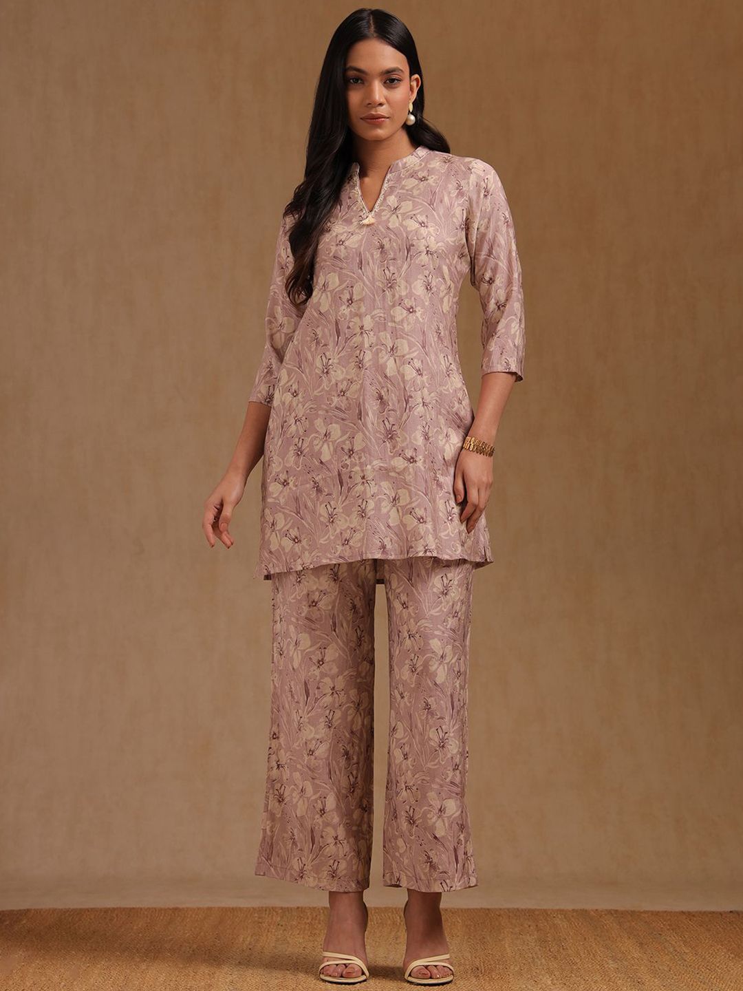 Soch Floral Print Mandairan Collar With Thread Work Top With Trousers Co-Ords