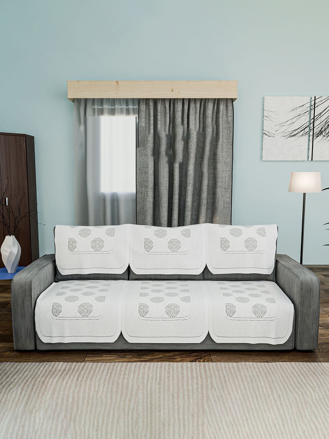 Kuber Industries Grey & Black 6 Pieces Printed Cotton 3 Seater Sofa Covers