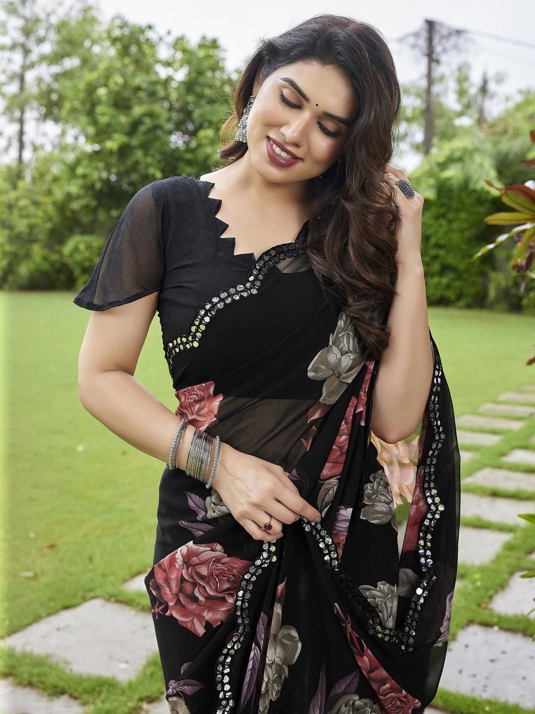 The Textile Hub Floral Printed Mirror Work Saree