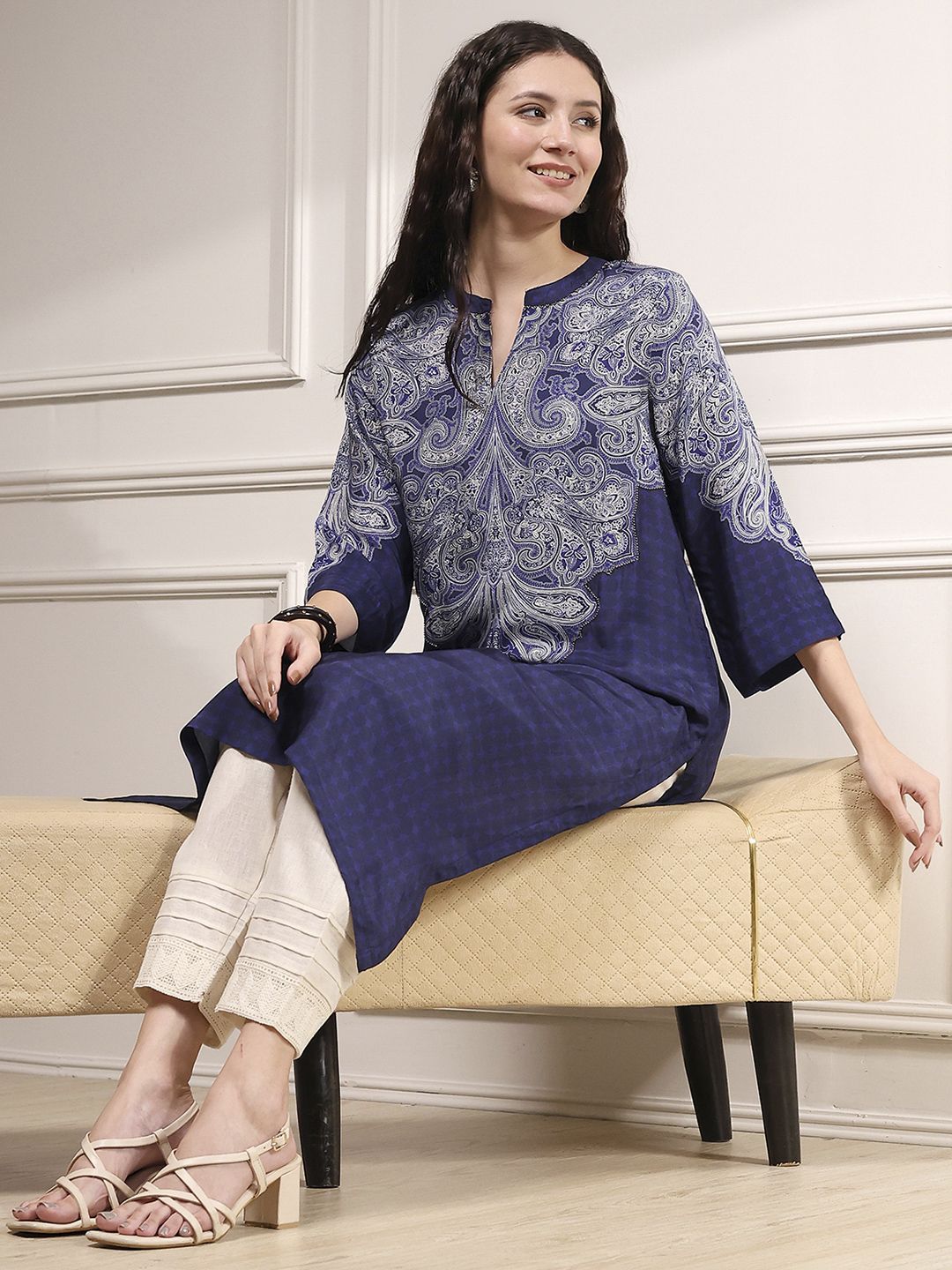 Biba Biba Ethnic Motifs Printed Mandarin Collar Straight Kurta