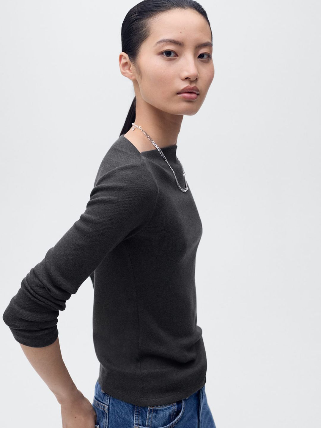 MANGO MANGO Ruched Boat Neck Crop Fitted Draped Top with Draped Effect