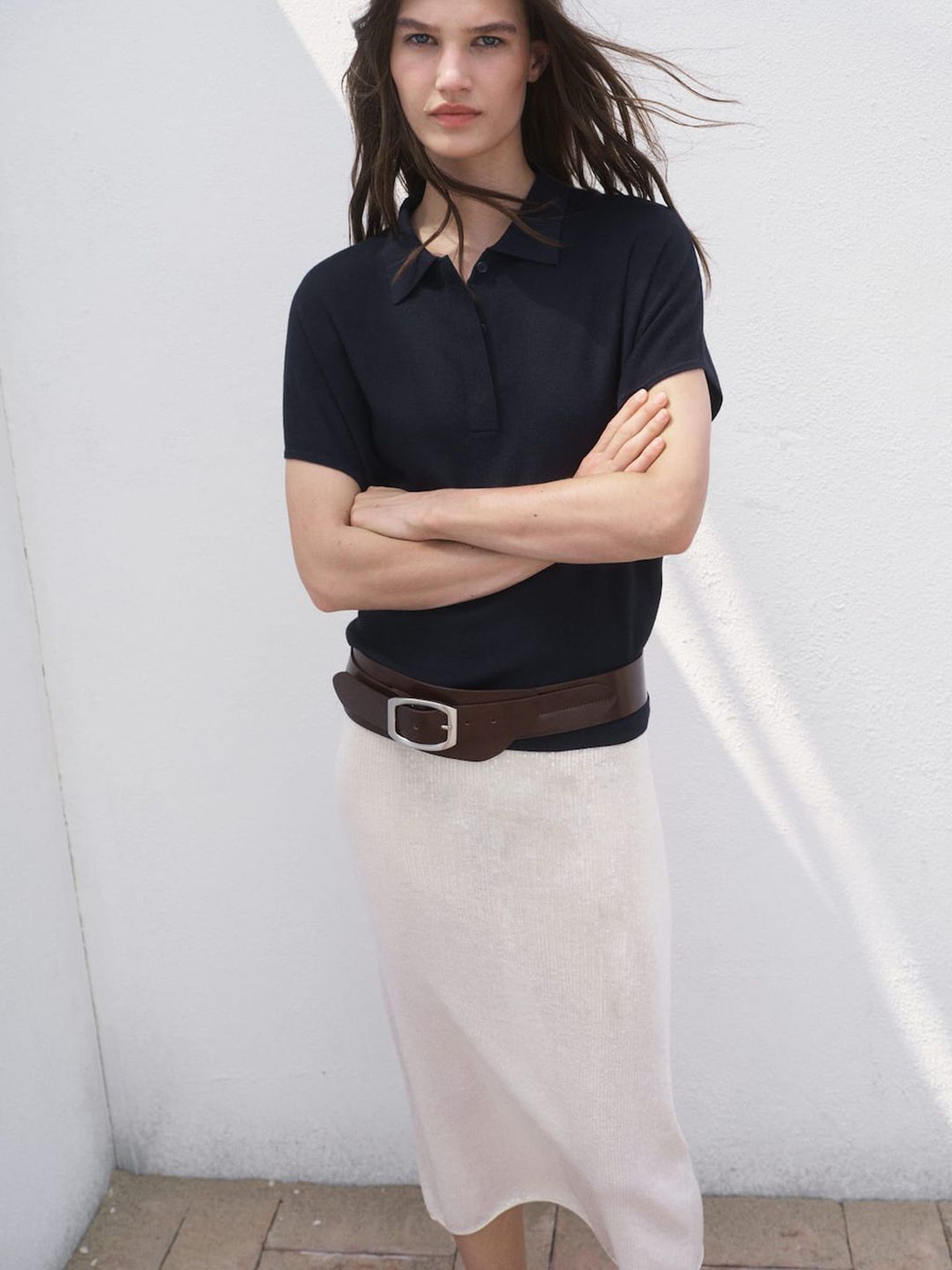 Ribbed Polo Collar Extended Sleeves T-shirt