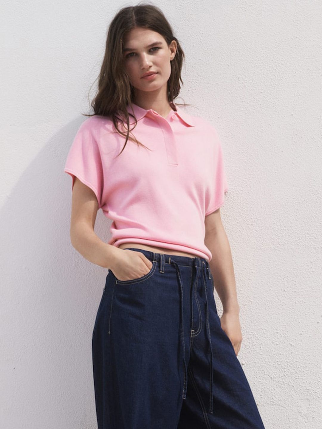 Ribbed Polo Collar Extended Sleeves T-shirt