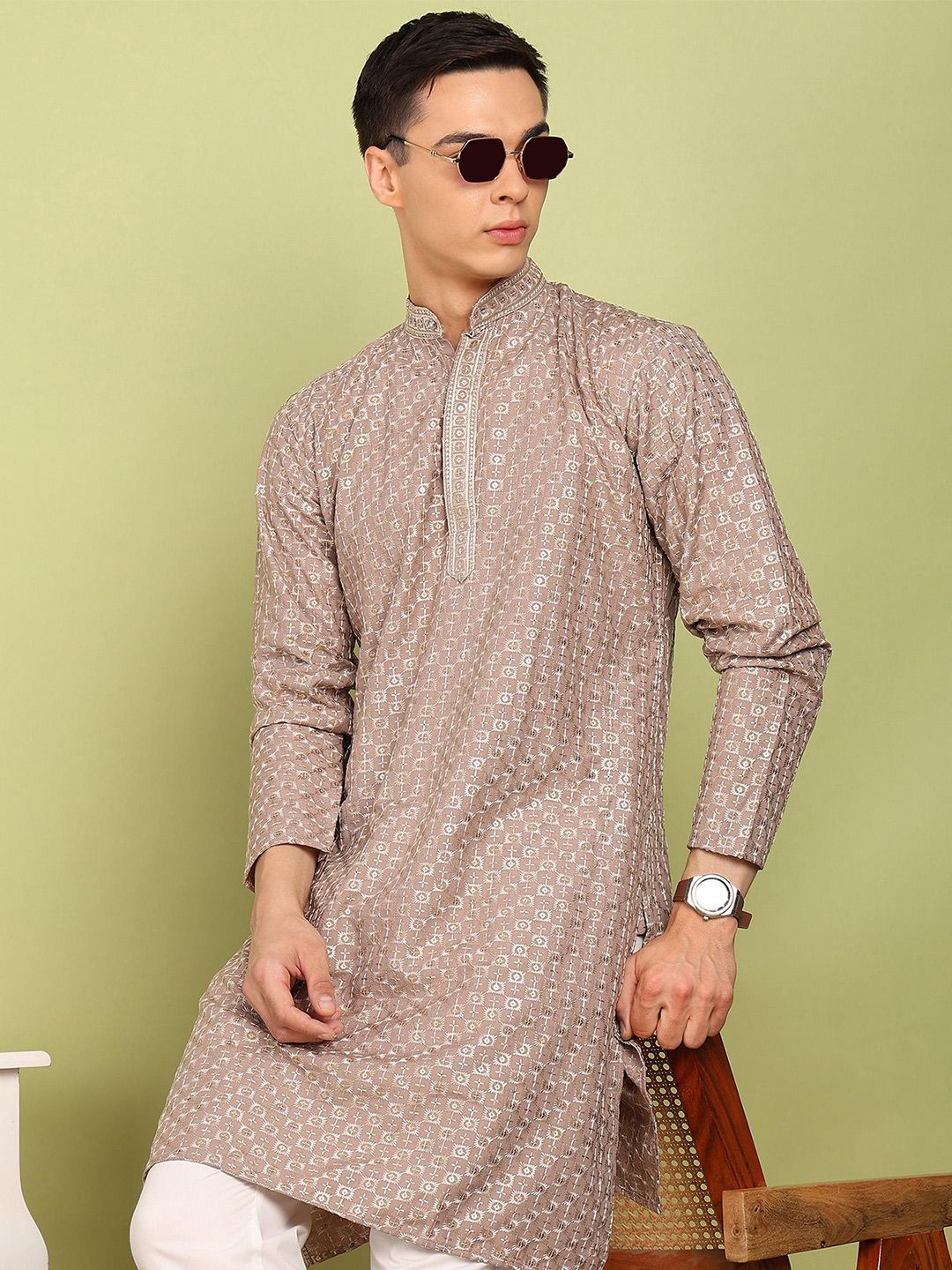 FUBAR Men Geometric Woven Design Mandarin Collar Straight Kurta