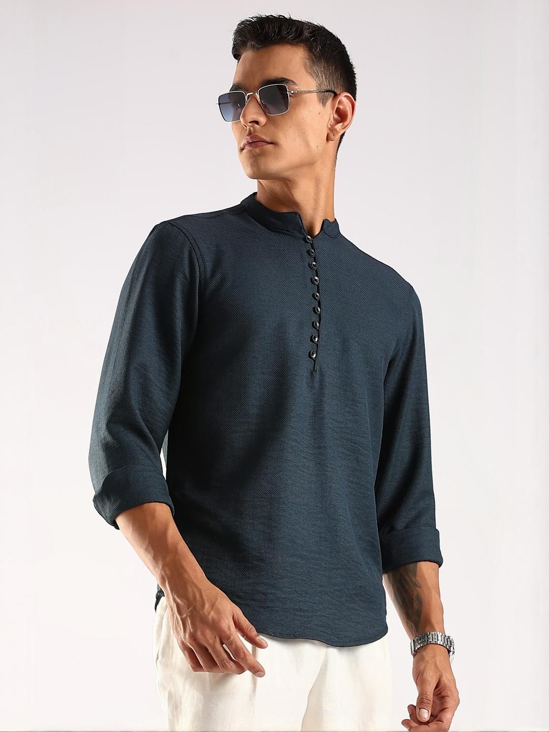 HERE&NOW Men Navy Blue Polyester Kurtas