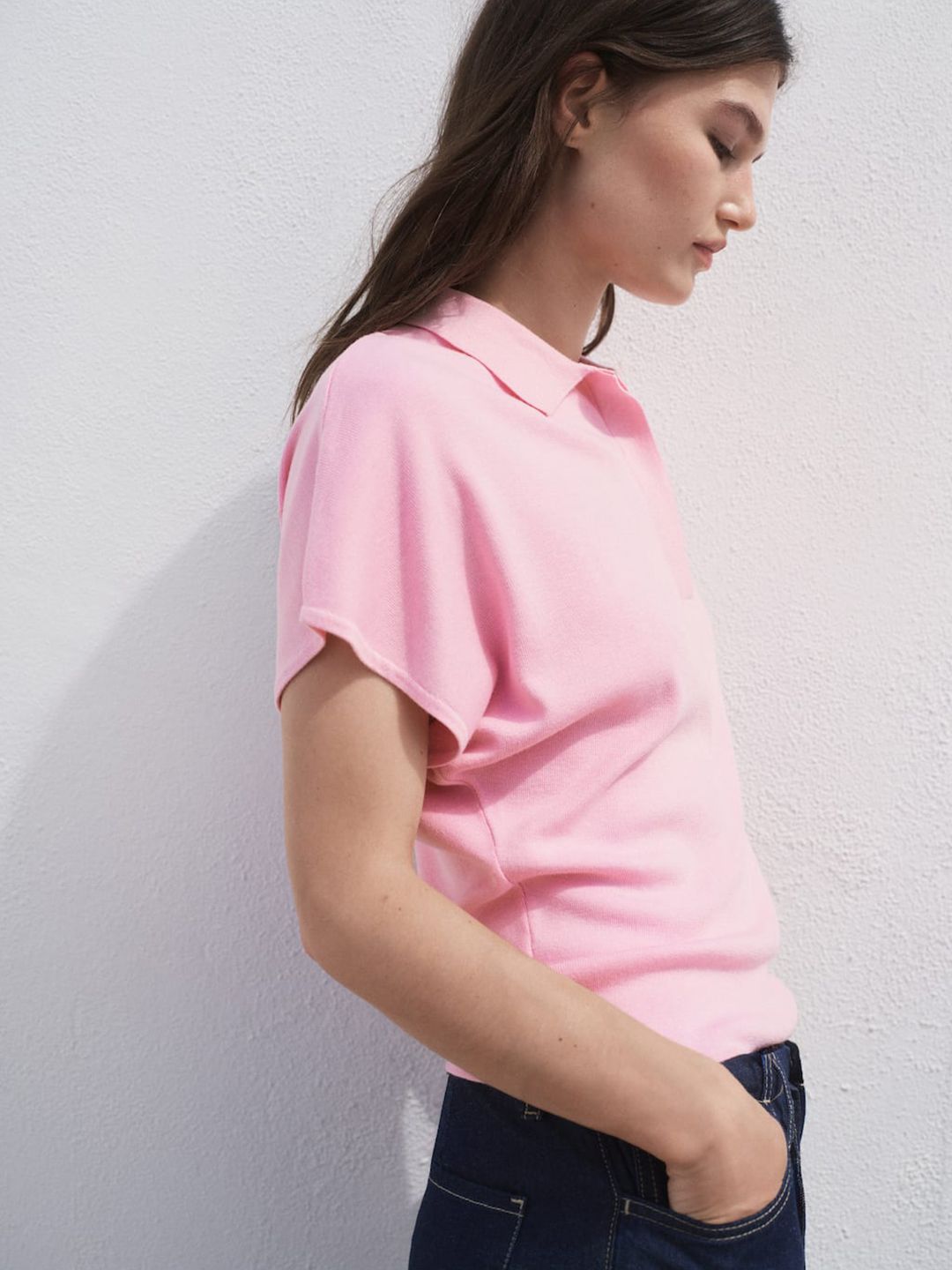Ribbed Polo Collar Extended Sleeves T-shirt