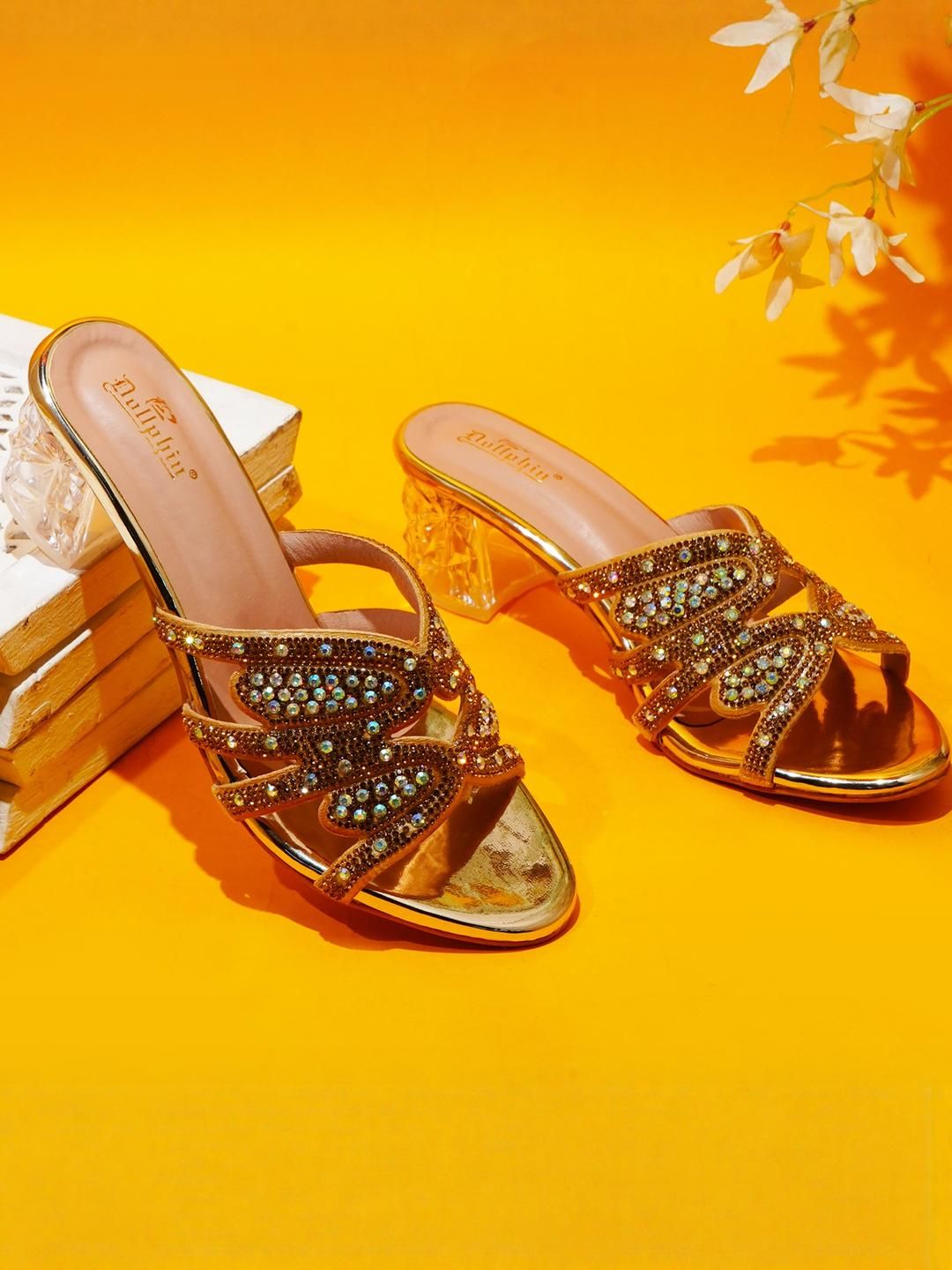 Dollphin Women Rose Gold Embellished Block Heel Sandals