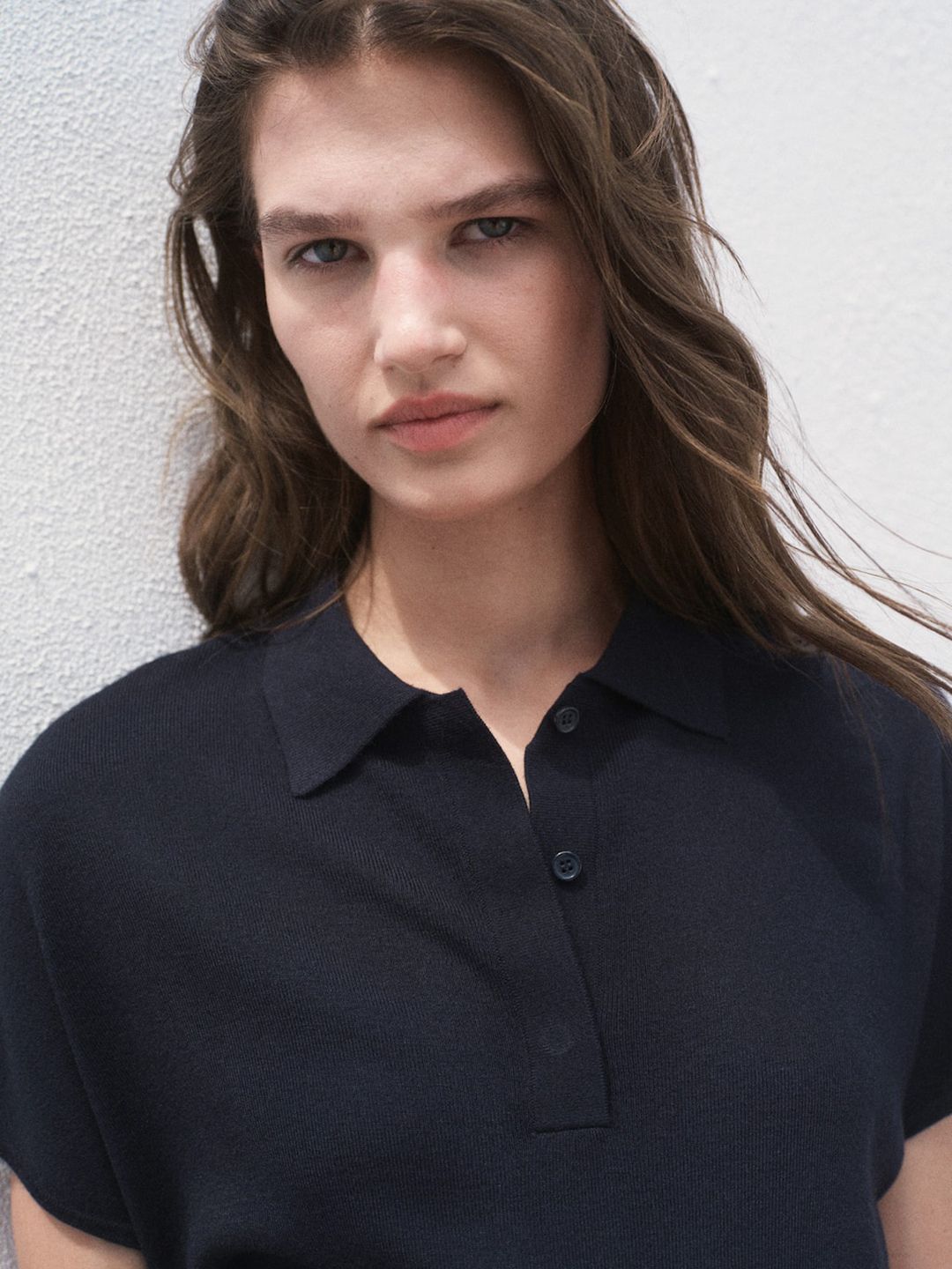 Ribbed Polo Collar Extended Sleeves T-shirt