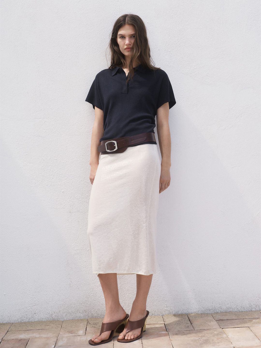 Ribbed Polo Collar Extended Sleeves T-shirt