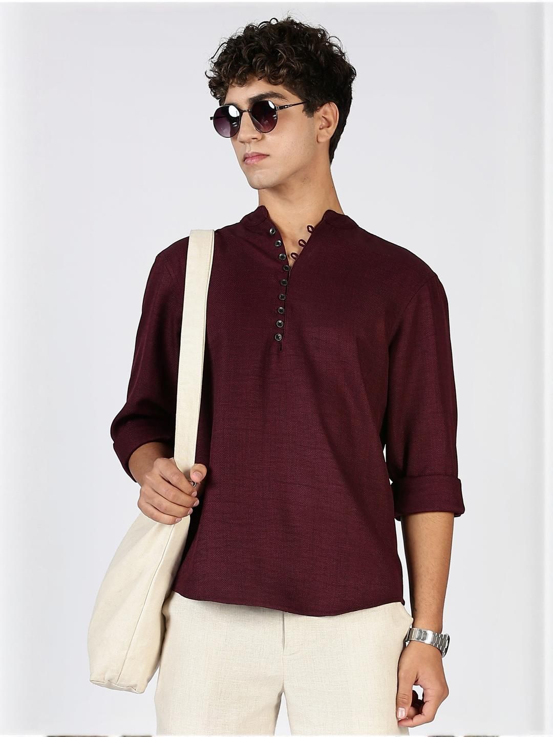 HERE&NOW Men Burgundy Polyester Kurtas