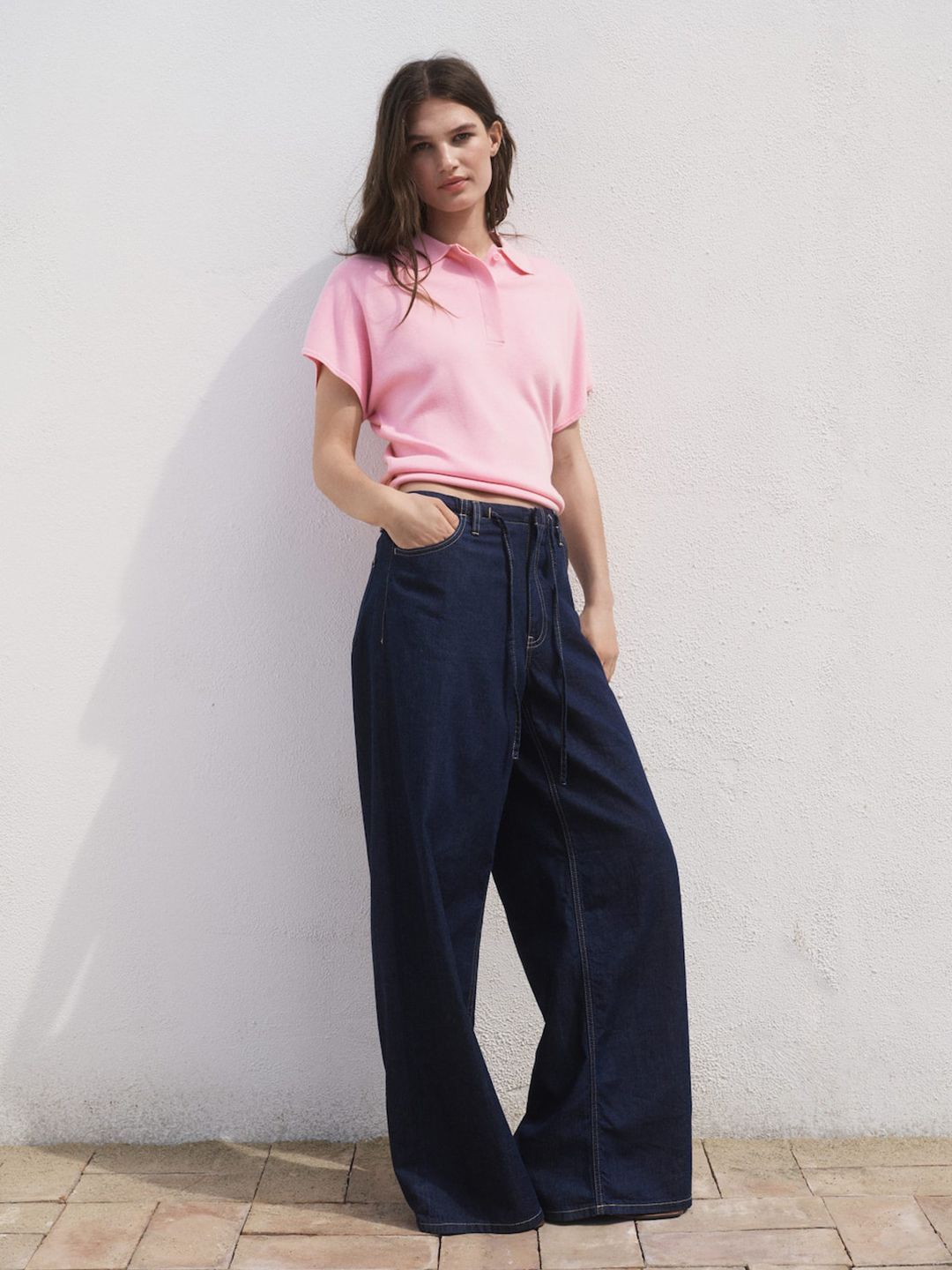 Ribbed Polo Collar Extended Sleeves T-shirt
