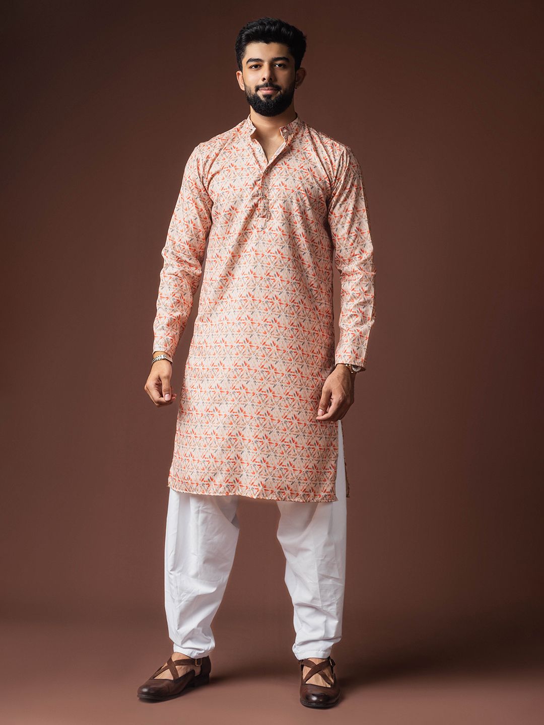 Rawayi Men Geometric Printed Festive Linen Straight Kurta