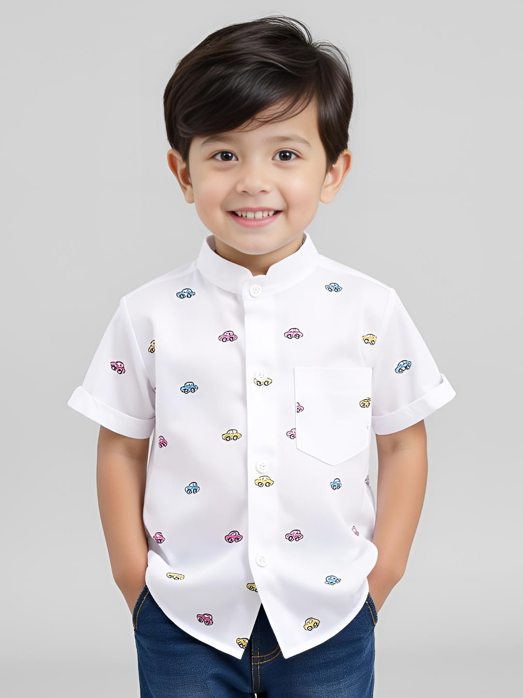 KIDGARB Boys White Graphic Printed Mandarin Collar Polycotton Shirt With Chest Pocket