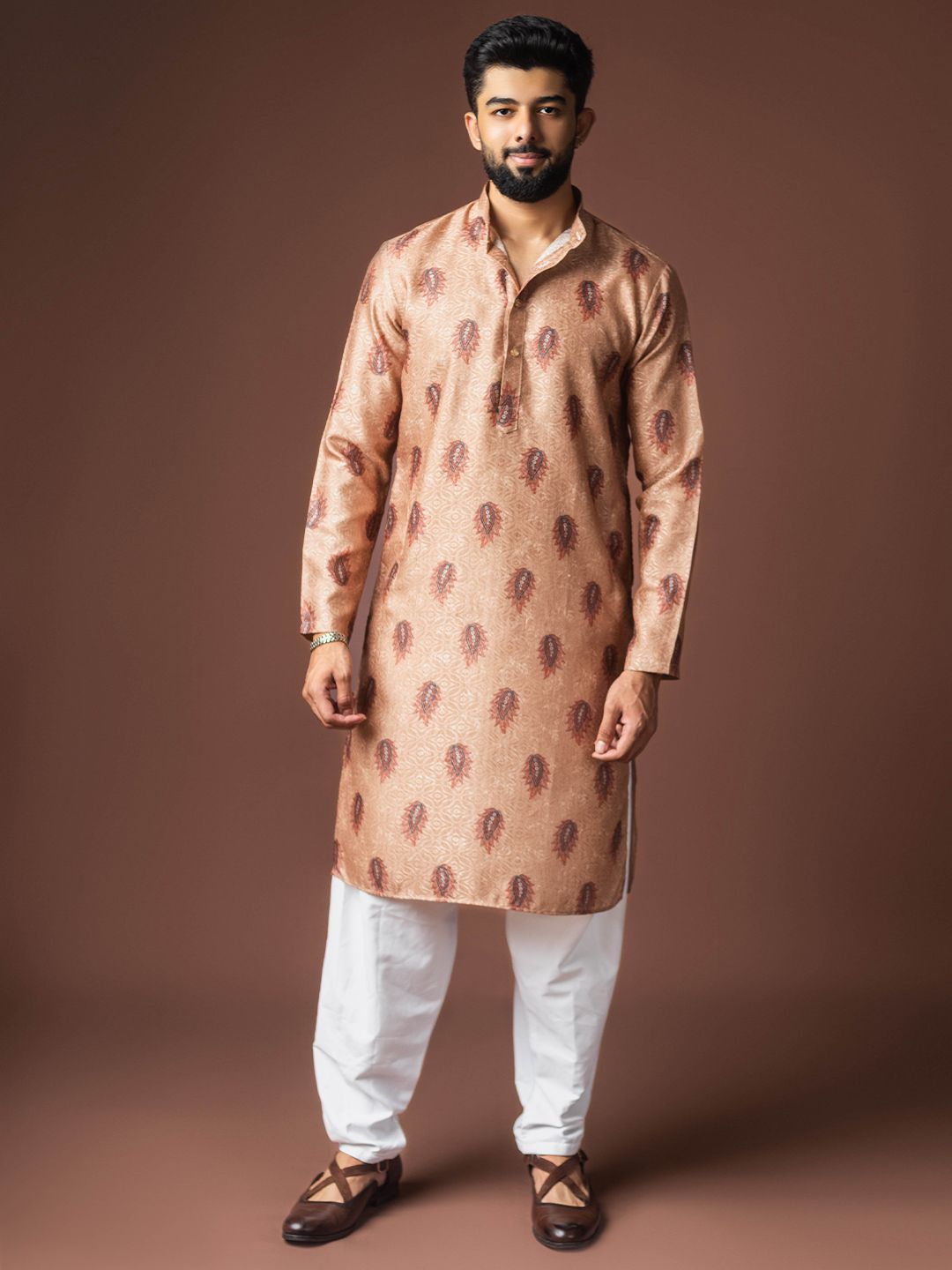 Rawayi Floral Printed Mandarin Collar Linen Straight Kurta