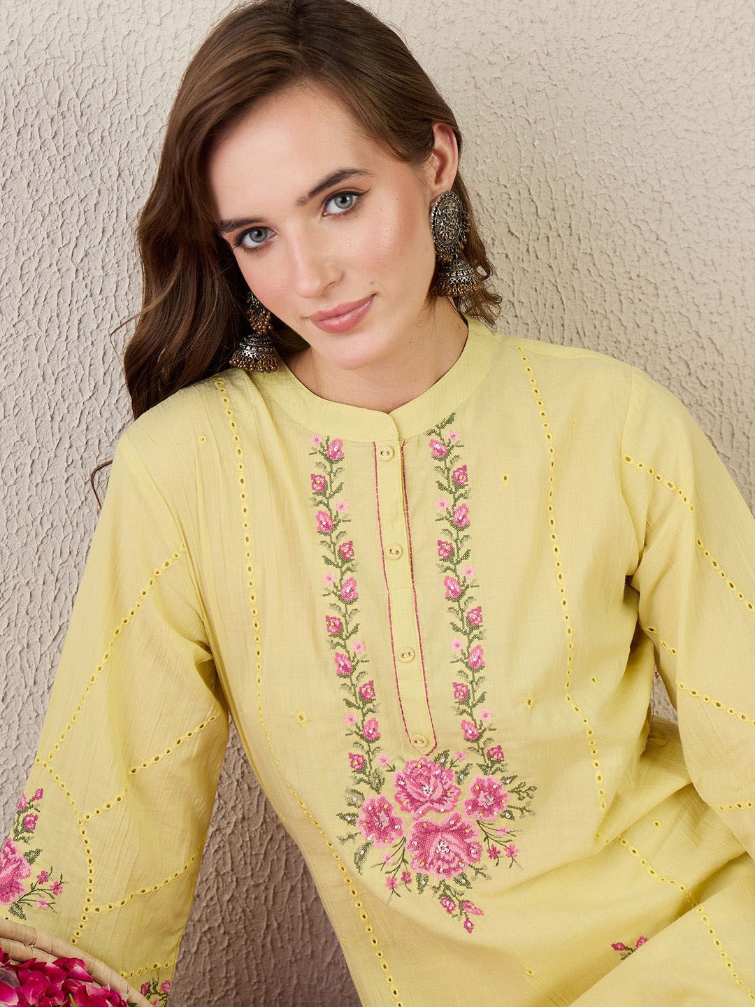 Indo Era Embroidered Straight Tunic With Trousers  Co-Ords