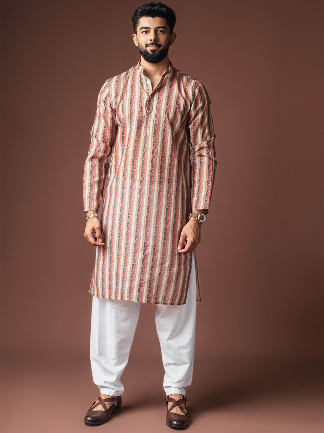 Rawayi Men Striped Mandarin Collar Straight Kurta