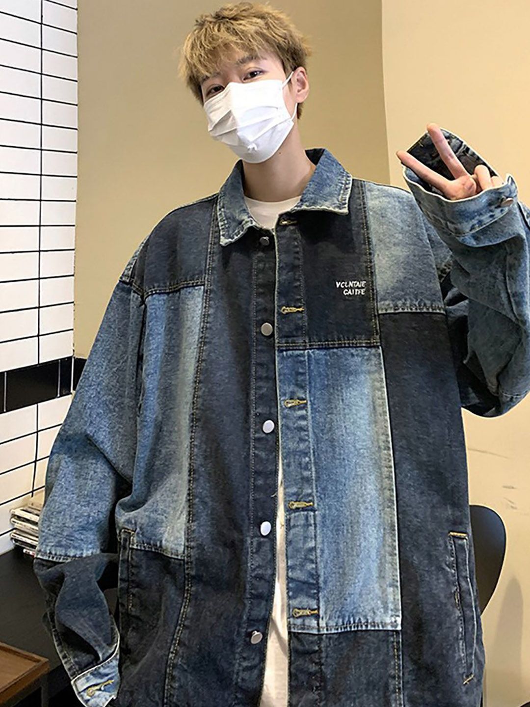 StyleCast Men Stand Collar Colourblocked Denim Jacket