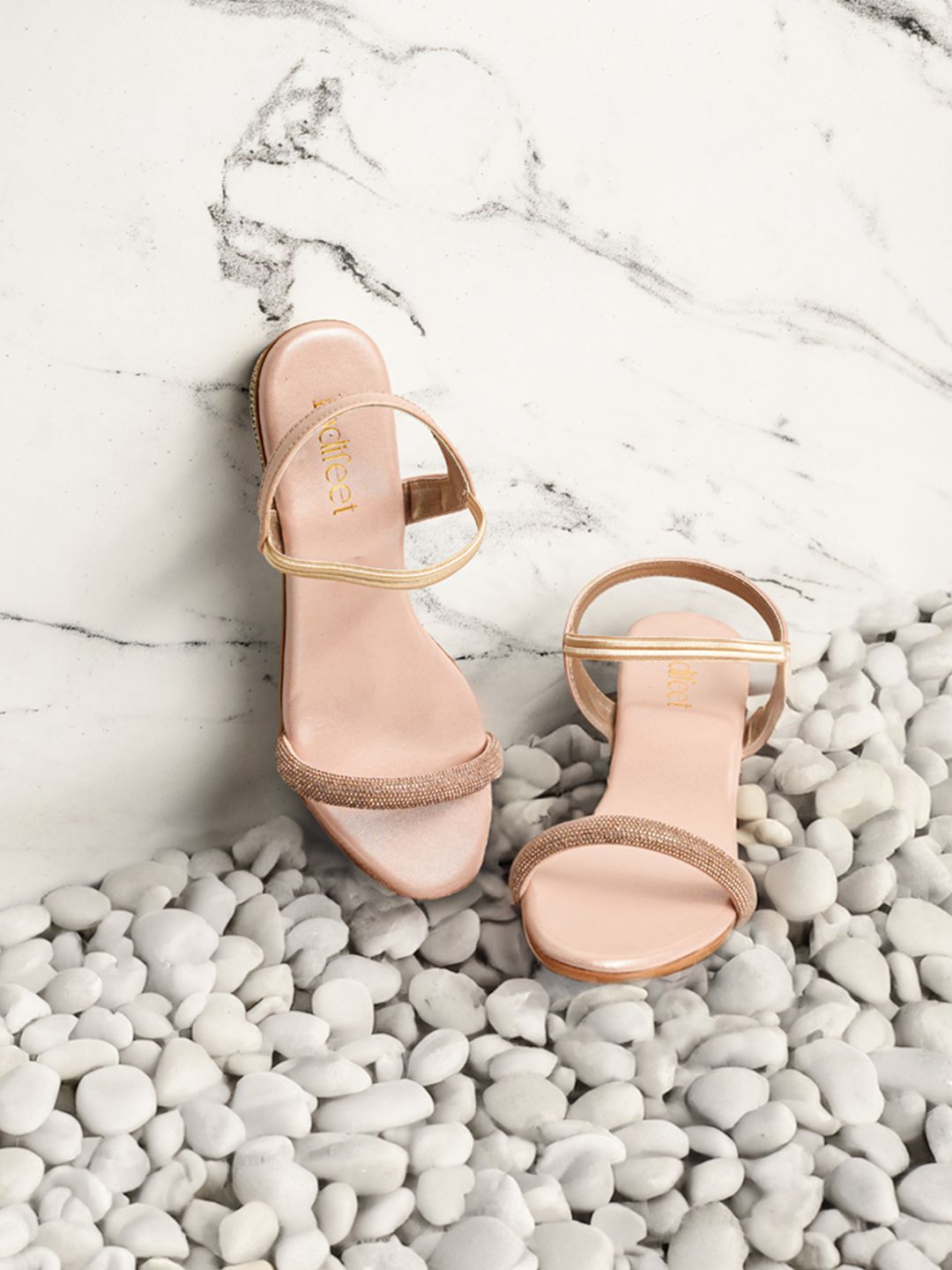 Indifeet Women Embellished Block Heels Rose Gold Ethnic Wear Sandals