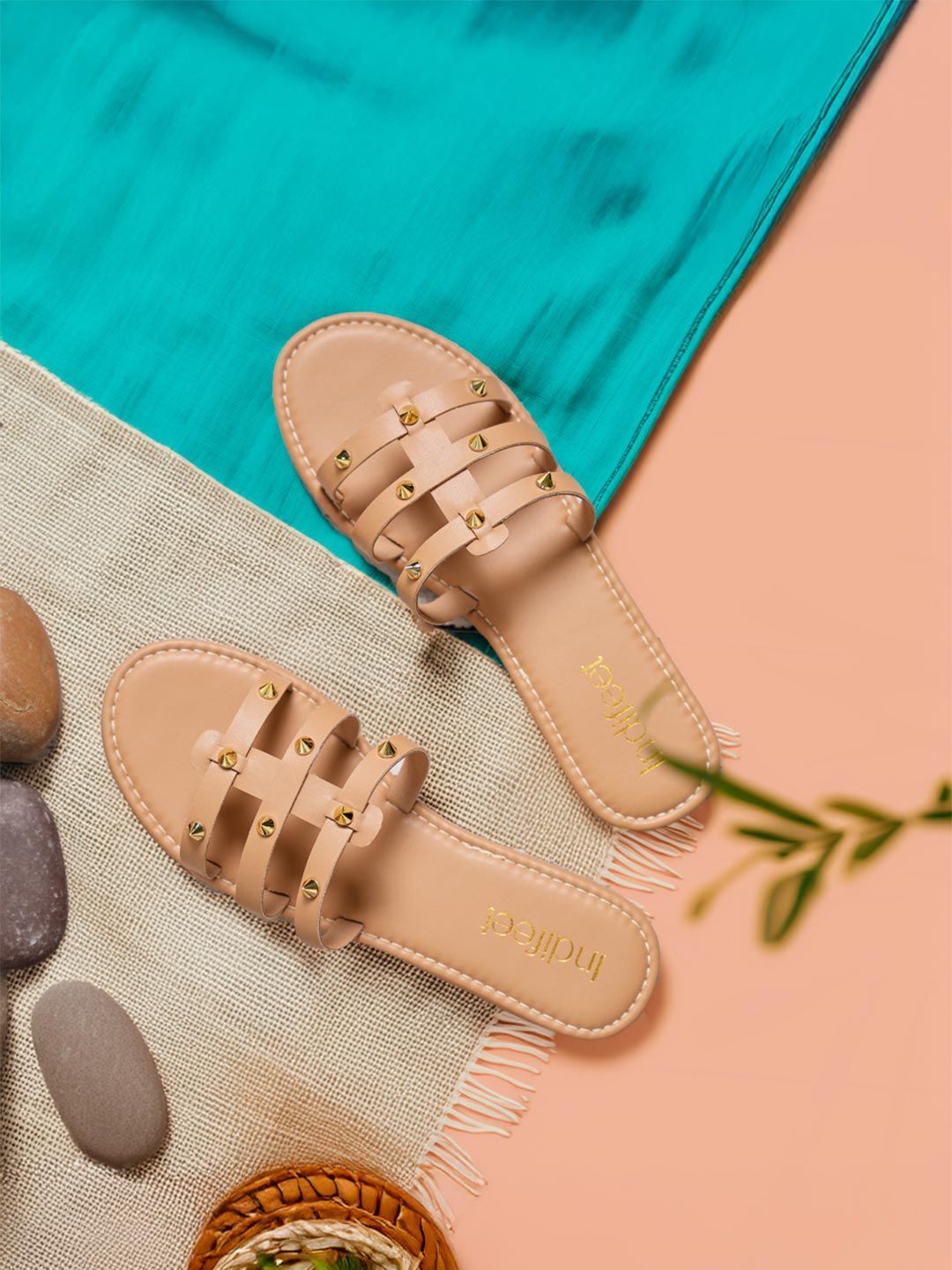 Indifeet Women Tan Embellished and Studded Open Toe Strappy Flats Footwear