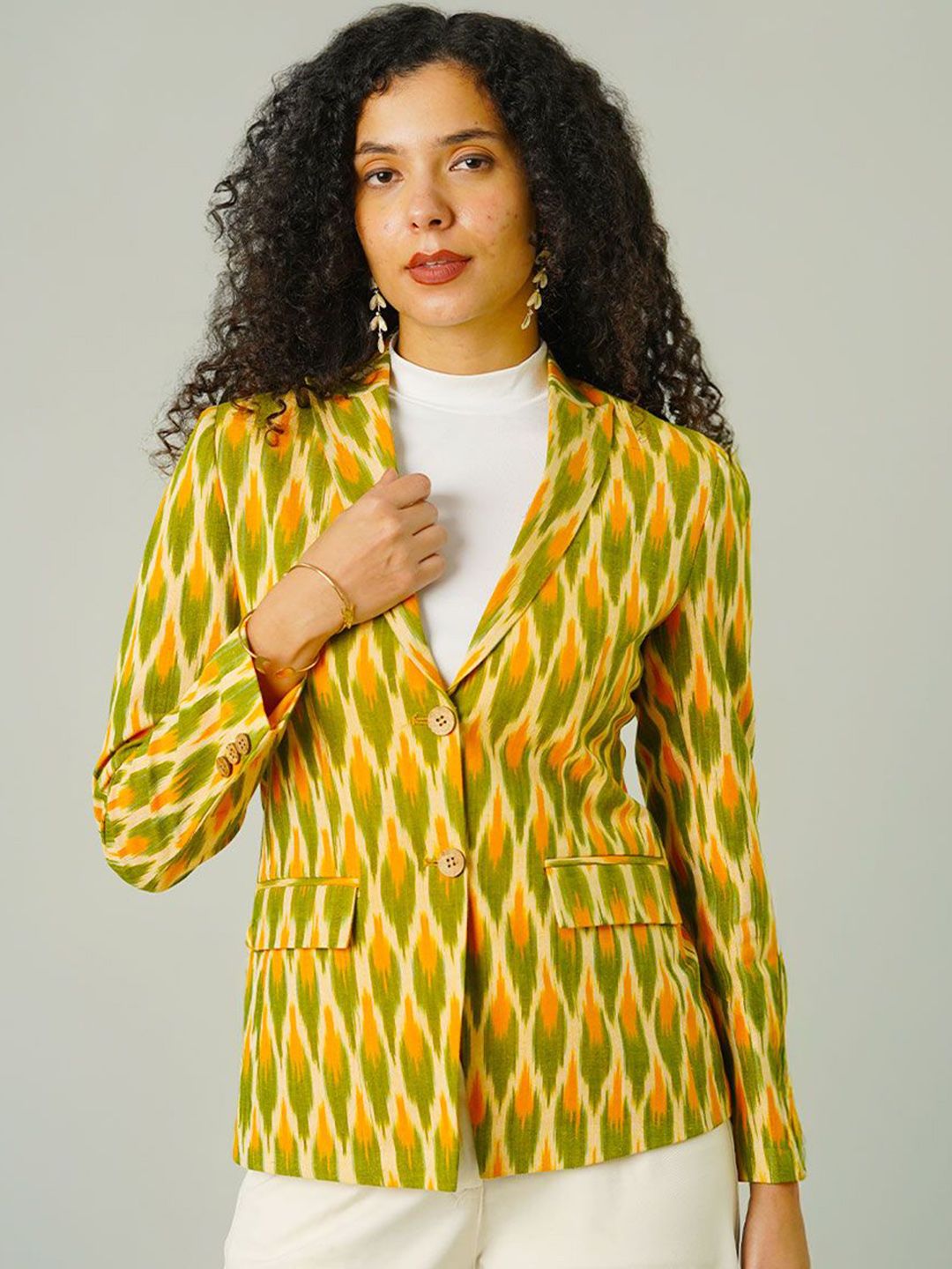 INDOPHILIA Women Ikat Printed Cotton Single-Breasted Blazer