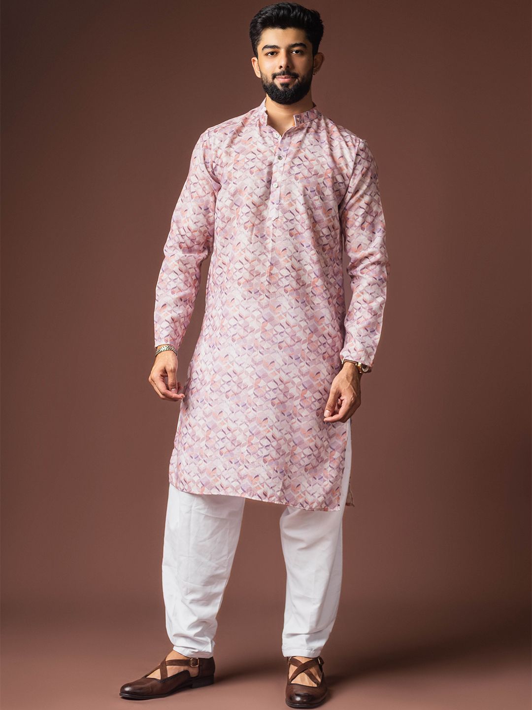 Rawayi Geometric Printed Band Collar Linen Straight Kurta