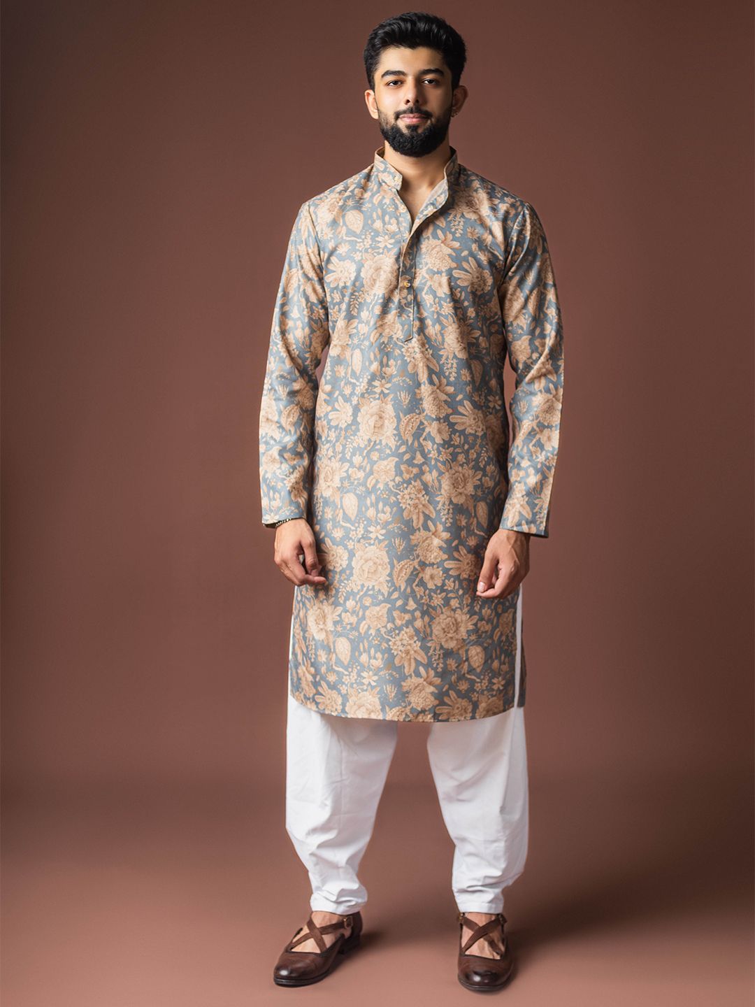 Rawayi Men Floral Printed Festive Linen Straight Kurta