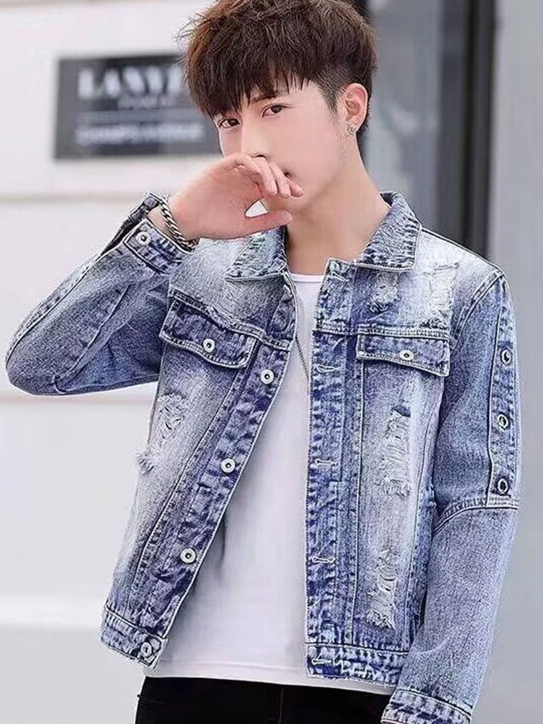 StyleCast Men Stand Collar Printed Denim Jacket
