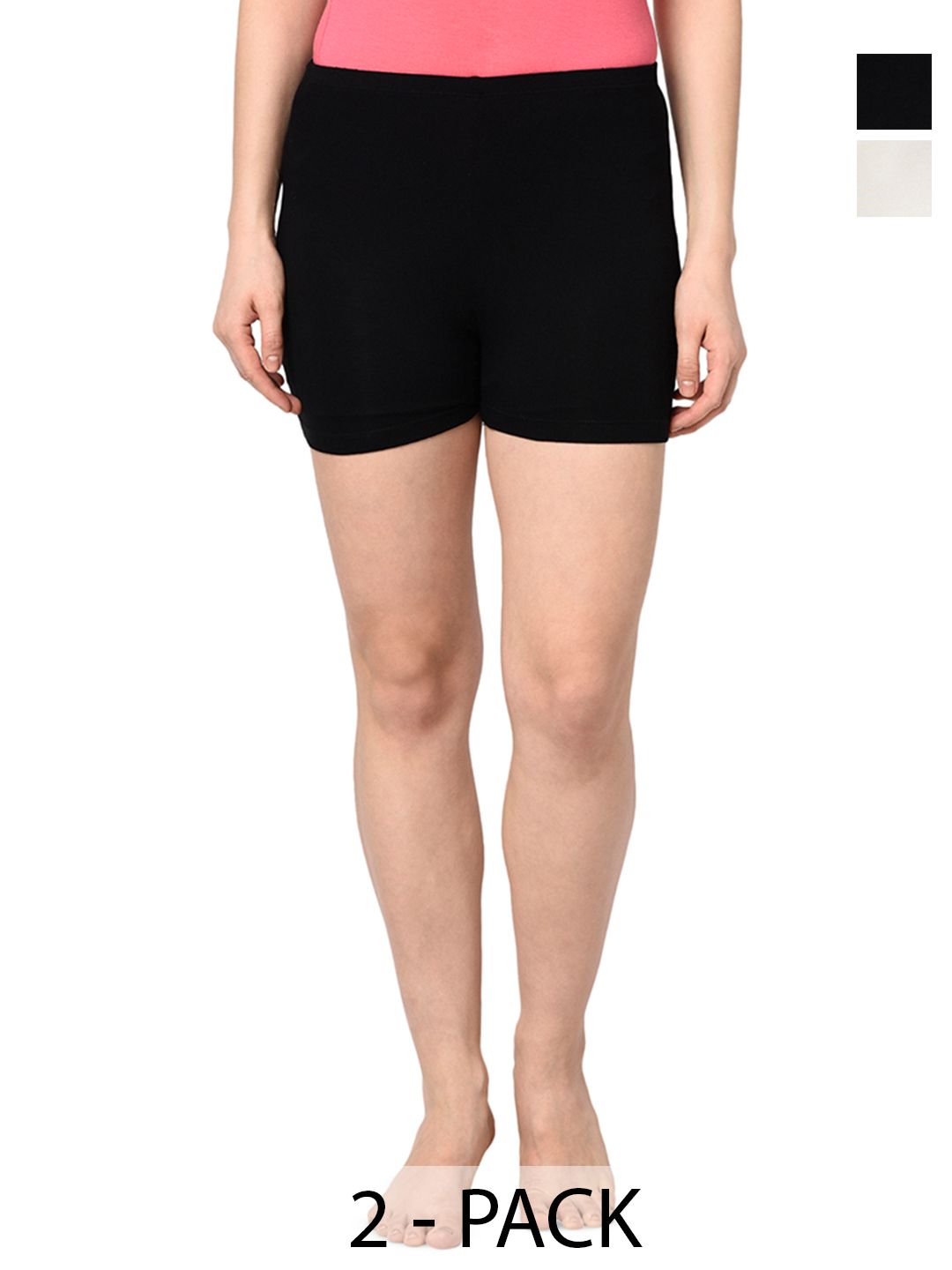 Espresso Women Pack of 2 Black & Off- White Solid Slim Fit Shorts For Under Dresses