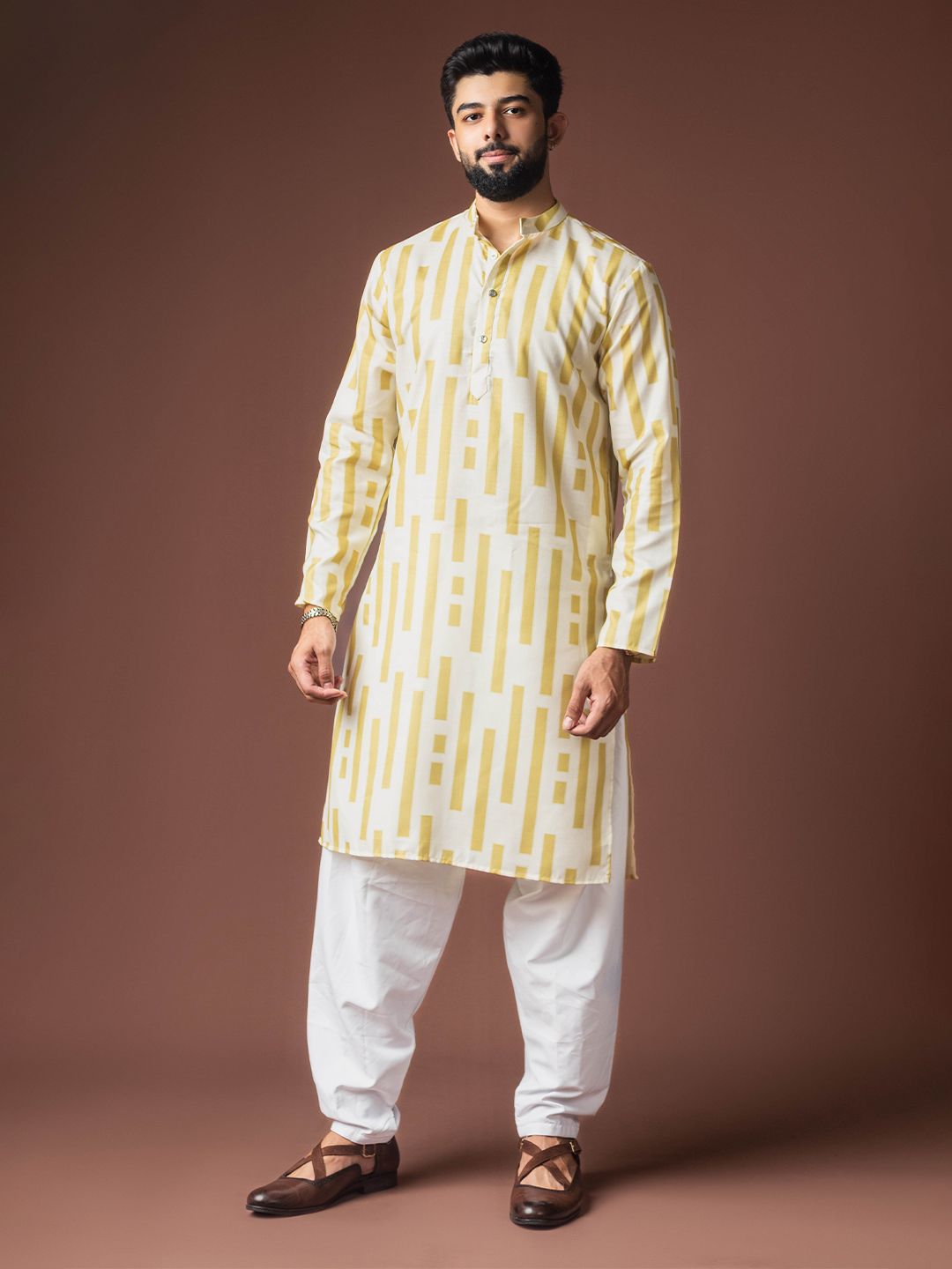 Rawayi Men Geometric Printed Festive Linen Straight Kurta