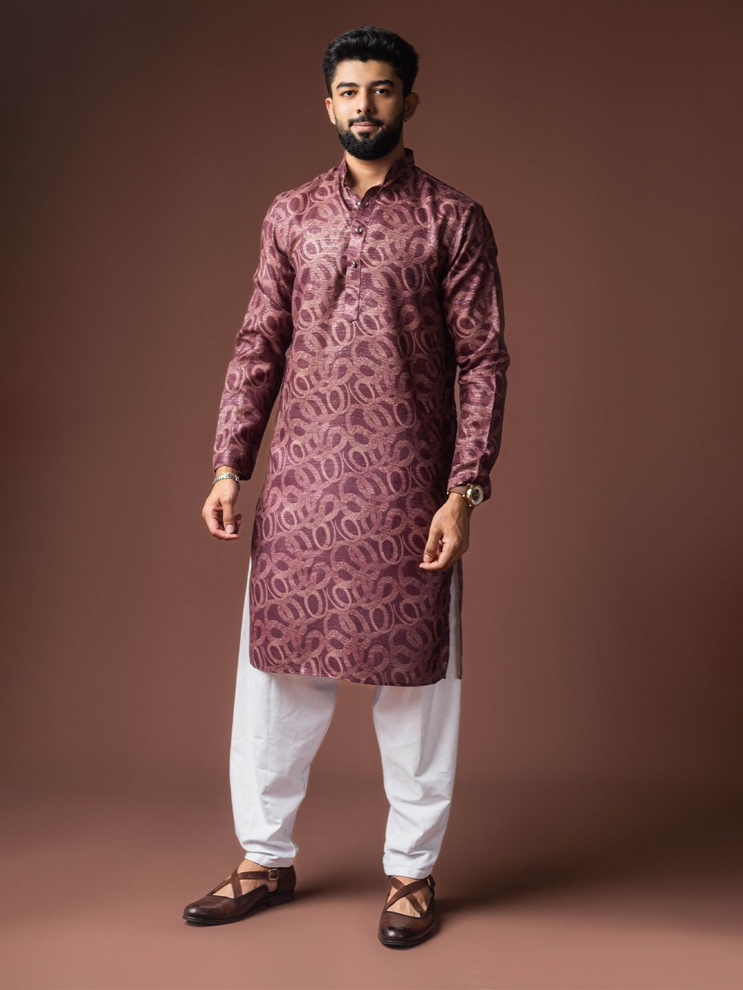 Rawayi Men Geometric Woven Design Festive Linen Straight Kurta