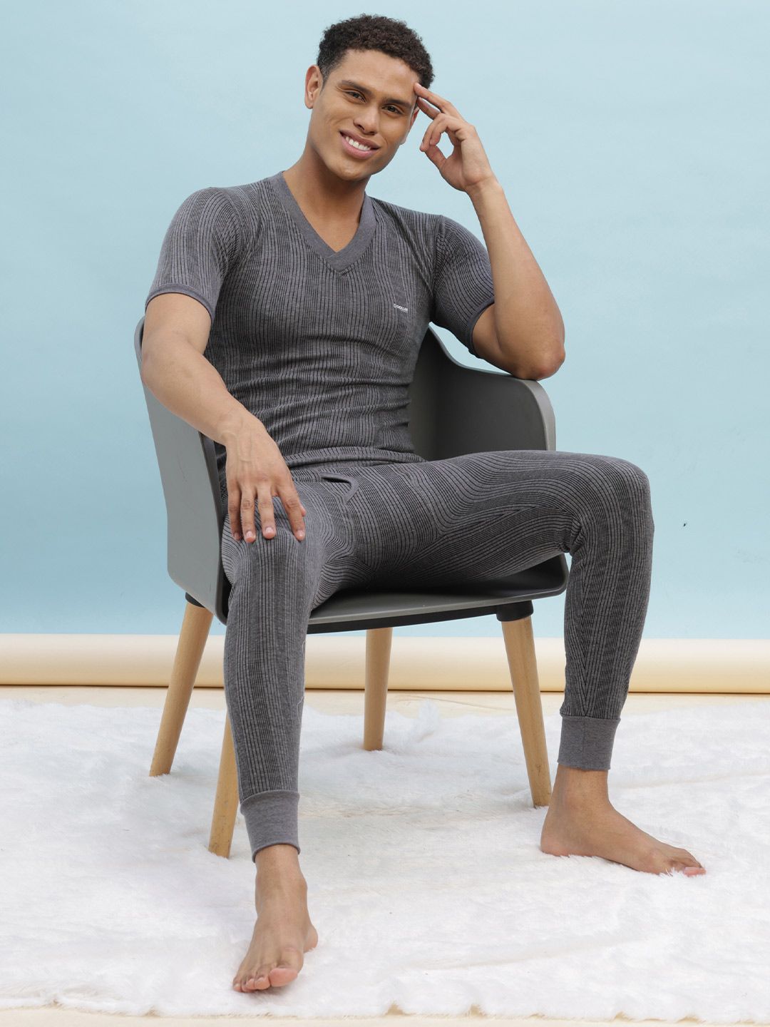 Dollar Ultra Men Grey Striped Thermal Set