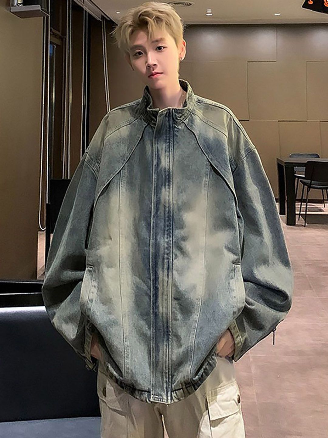 StyleCast Men Stand Collar Washed Longline Denim Jacket