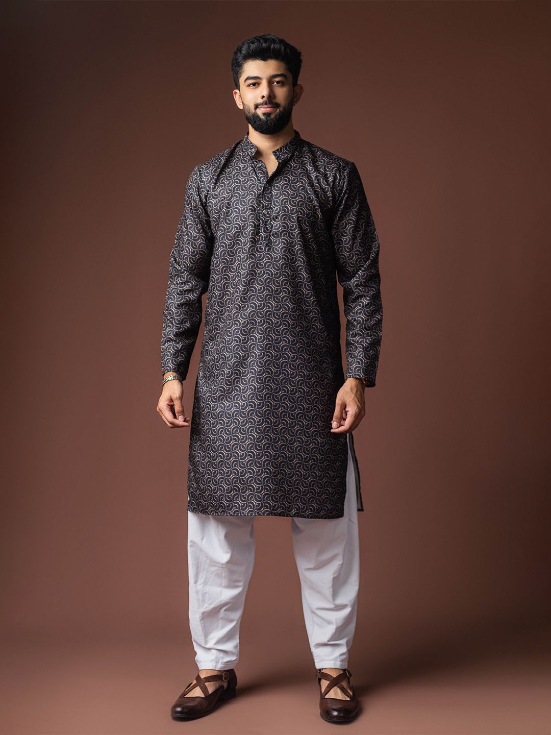 Rawayi Men Geometric Printed Festive Linen Straight Kurta