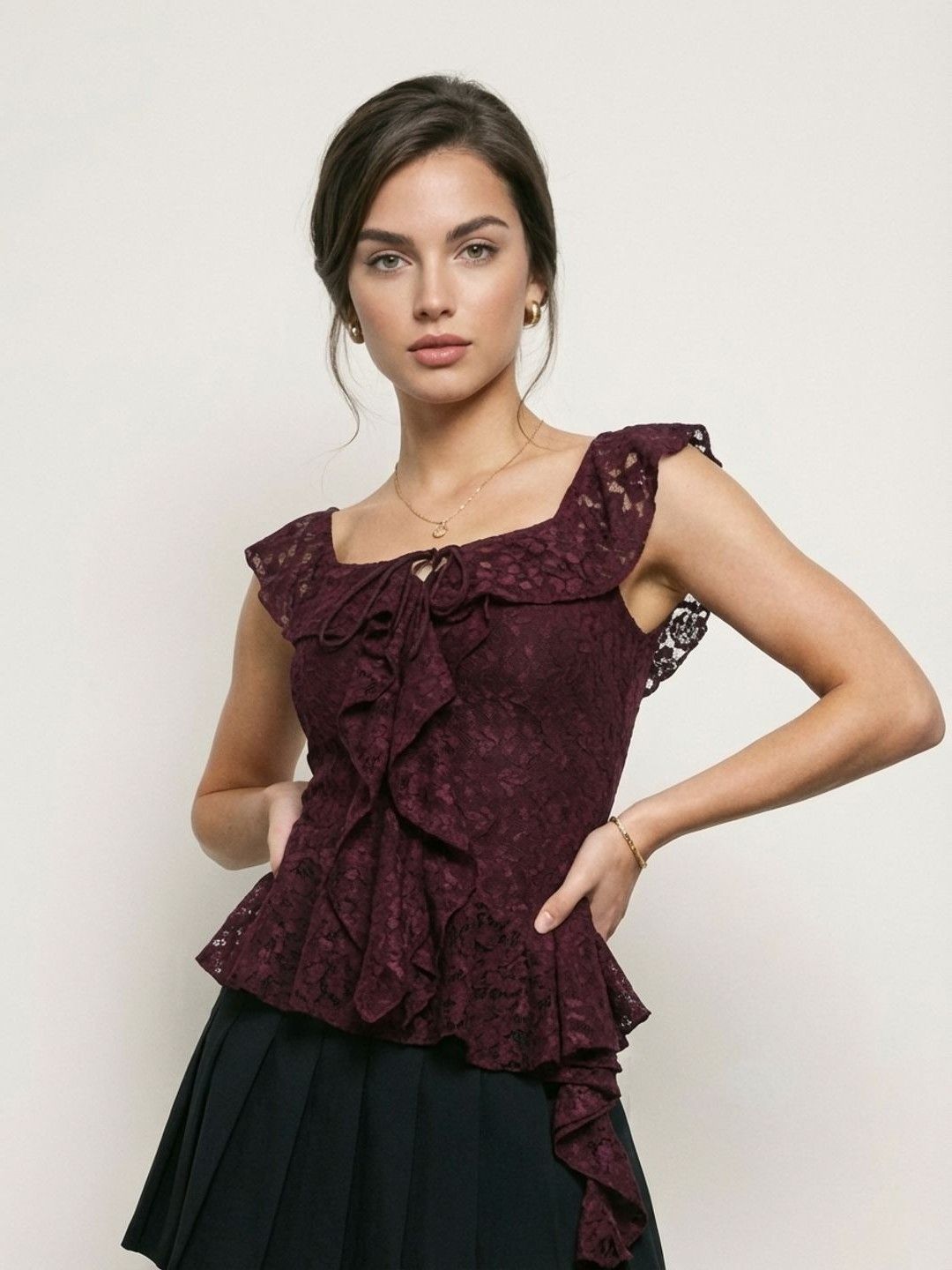 Phosphorus Phosphorus Floral Lace Flutter Sleeves Ruffles Fitted Top