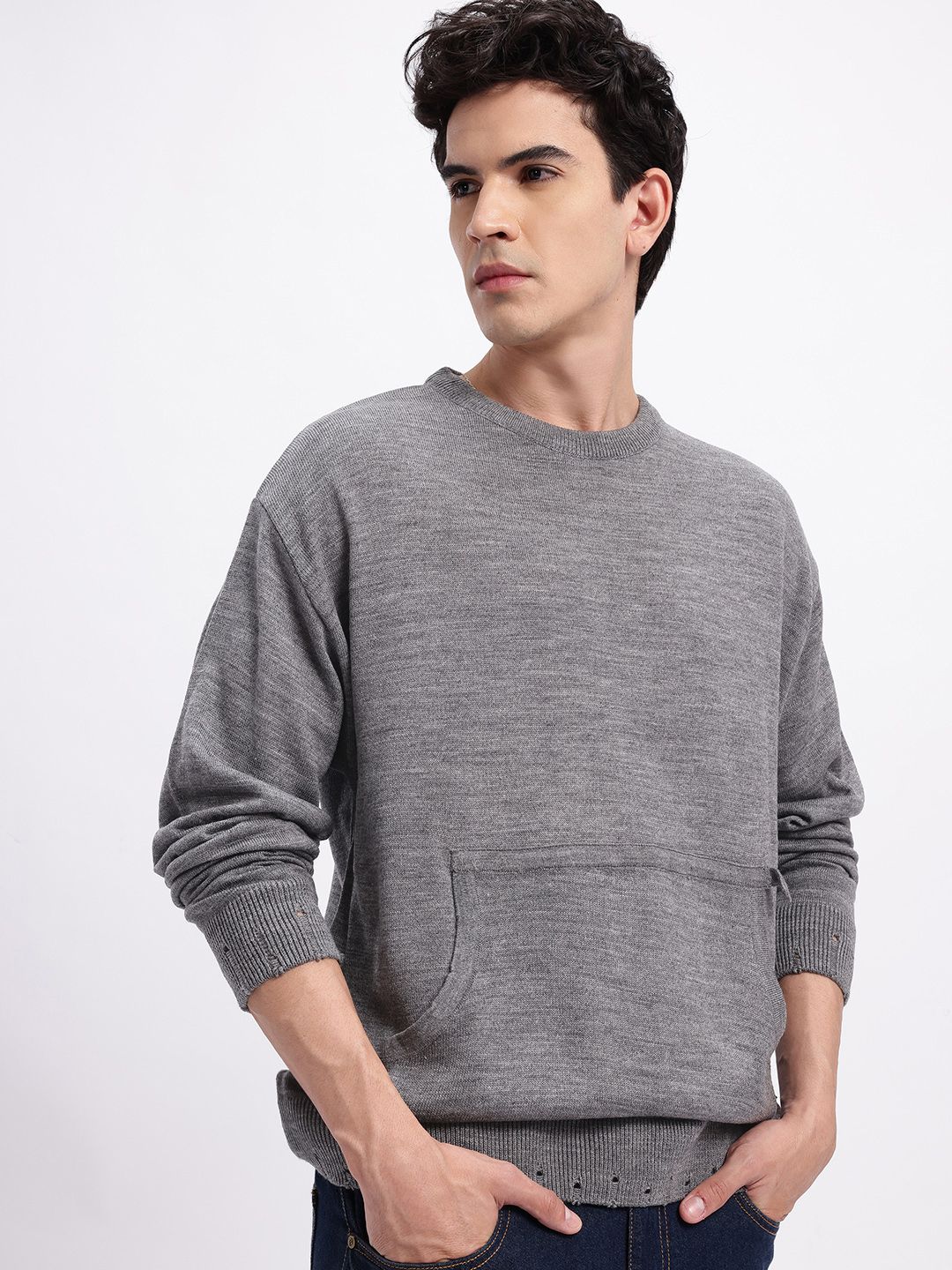 glitchez Oversized Pullover with Distressed Ribbed Hem