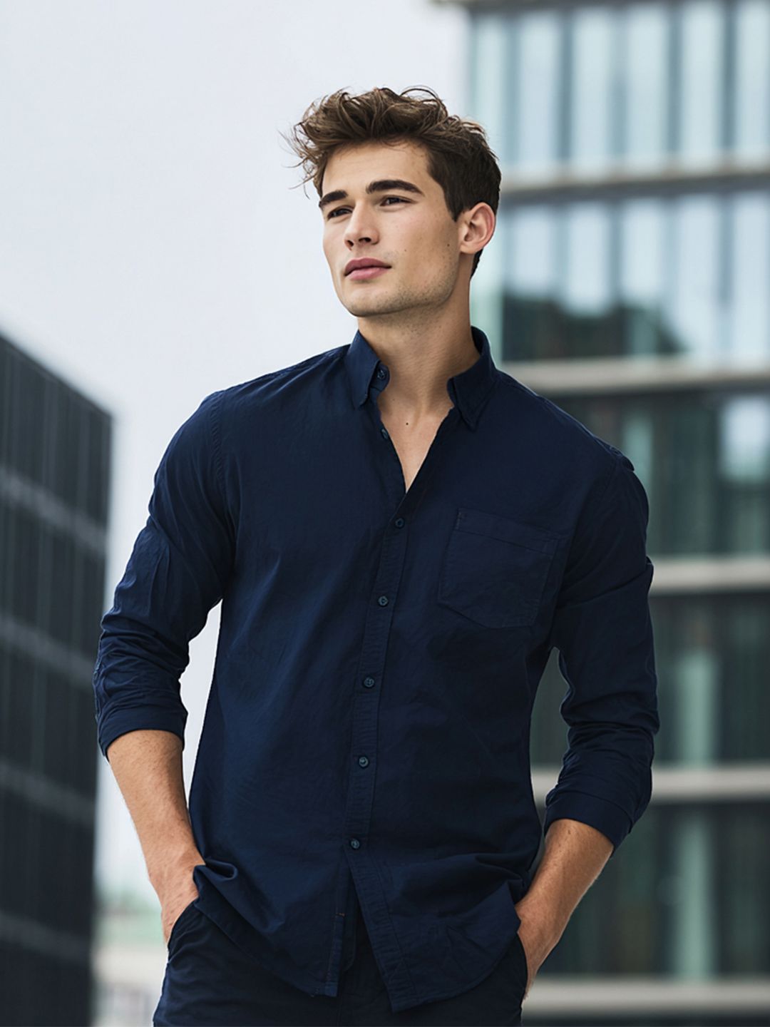 Urbano Fashion Men Spread Collar Solid Cotton Casual Shirt