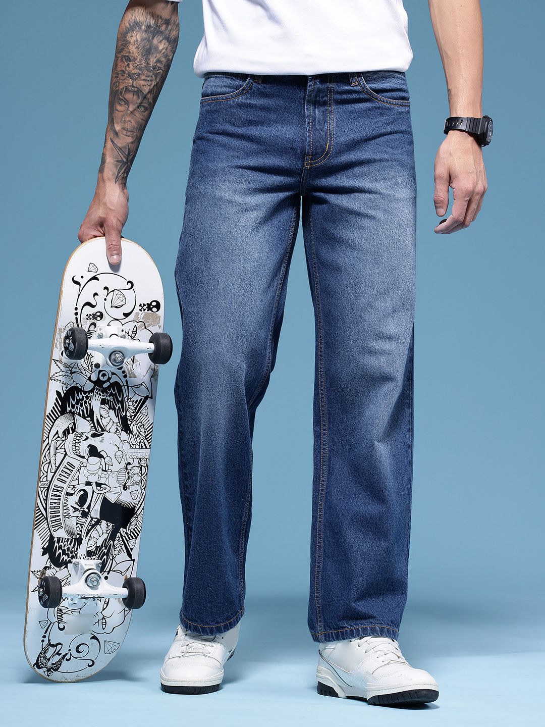 HERE&NOW Men Baggy Fit Pure Cotton Light Fade Jeans