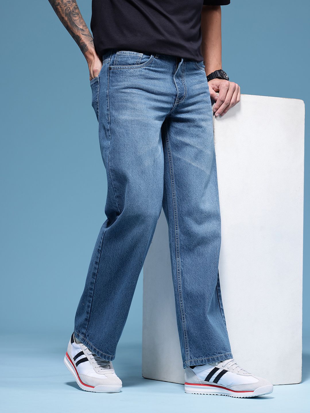 HERE&NOW Men Baggy Fit Pure Cotton Light Fade Jeans