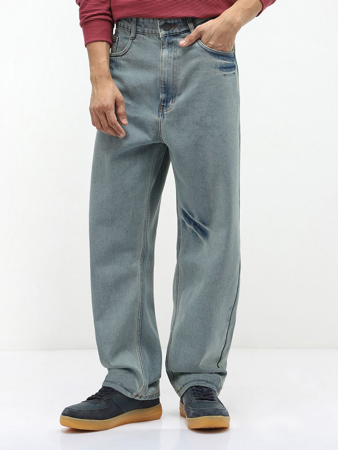 Urbano Fashion Men's Ice Blue Loose Baggy Fit Non-Stretchable Washed Cotton Jeans