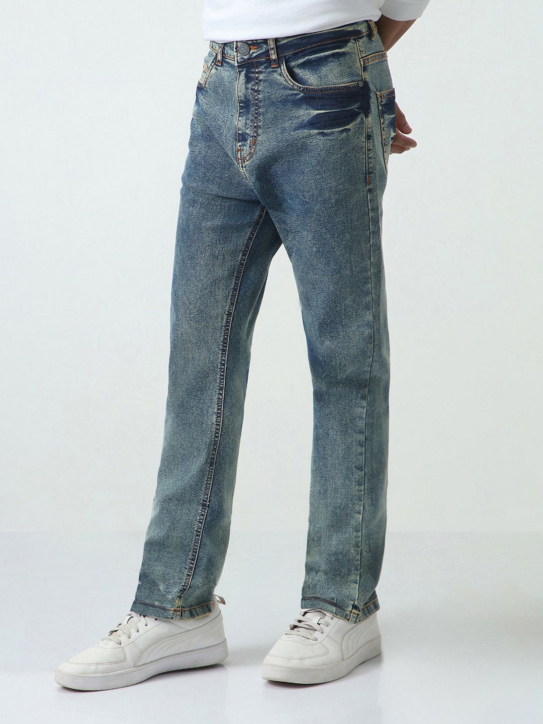 Urbano Fashion Men Light Blue Straight Fit Heavy Washed Jeans Stretchable