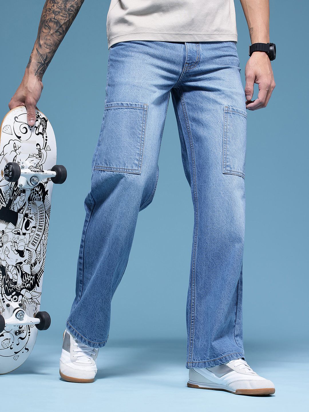 HERE&NOW Men Baggy Fit Pure Cotton Light Fade Cargo Style Jeans