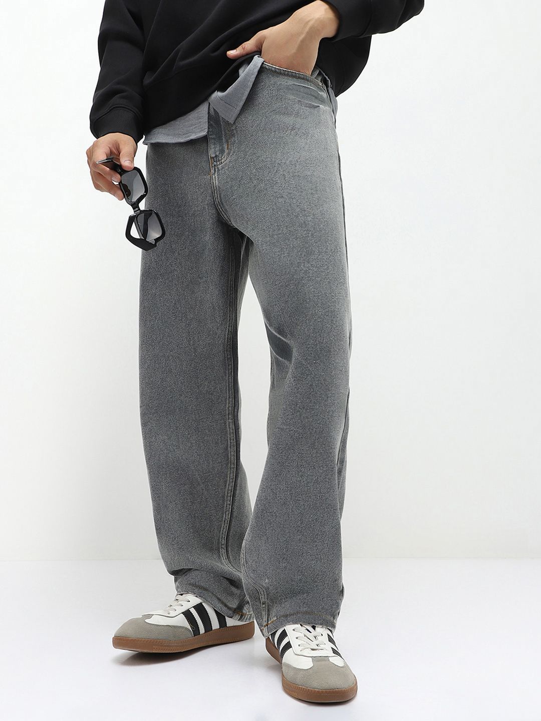 Urbano Fashion Men's Light Grey Loose Baggy Fit Non-Stretchable Washed Jeans