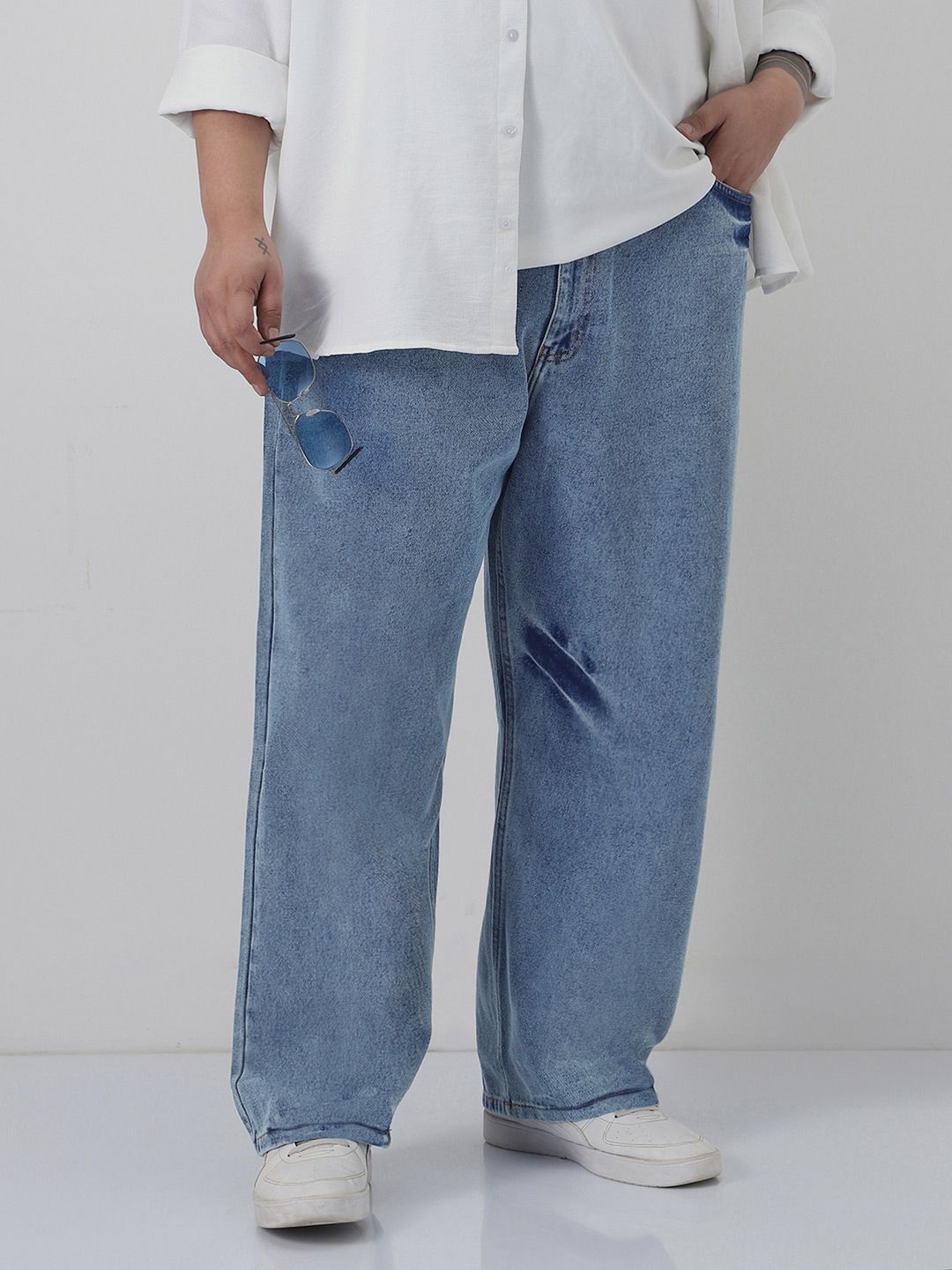 Urbano Plus Men's Light Blue Loose Baggy Fit Washed Jeans Non-Stretchable Jeans