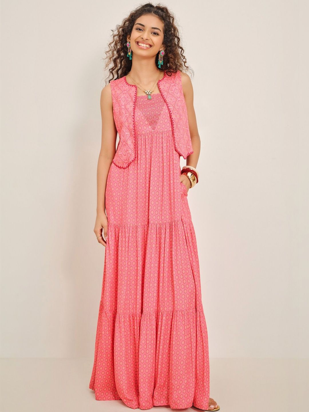 Global Desi Global Desi Women Coral Tiered Maxi Dress