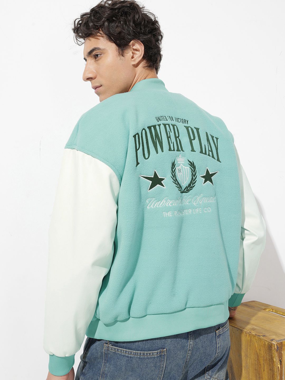 The Roadster Life Co. Typography Printed Mock Collar Varsity Jacket