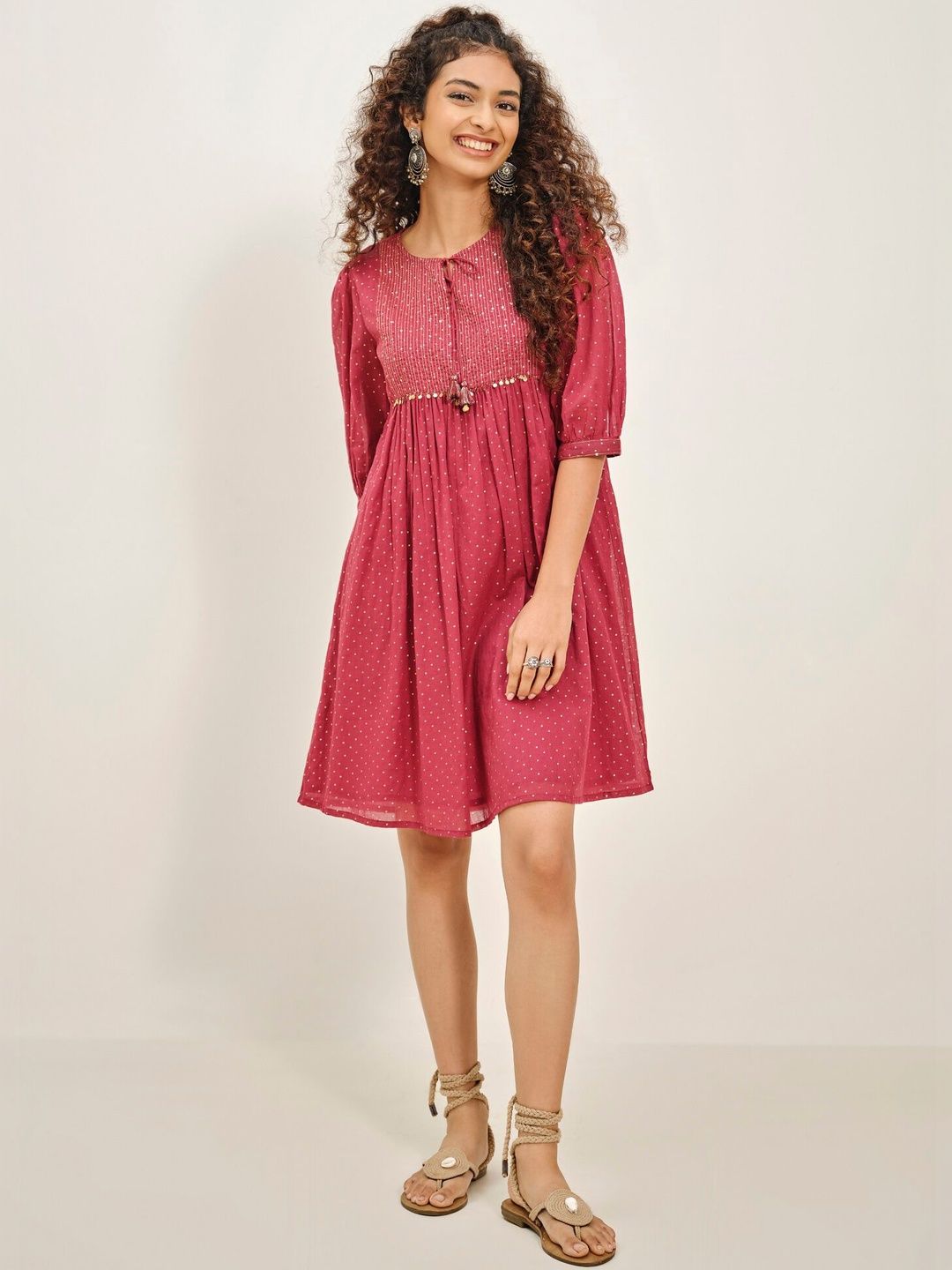 Global Desi Global Desi Polka Dot Print Puff Sleeve A-Line Dress