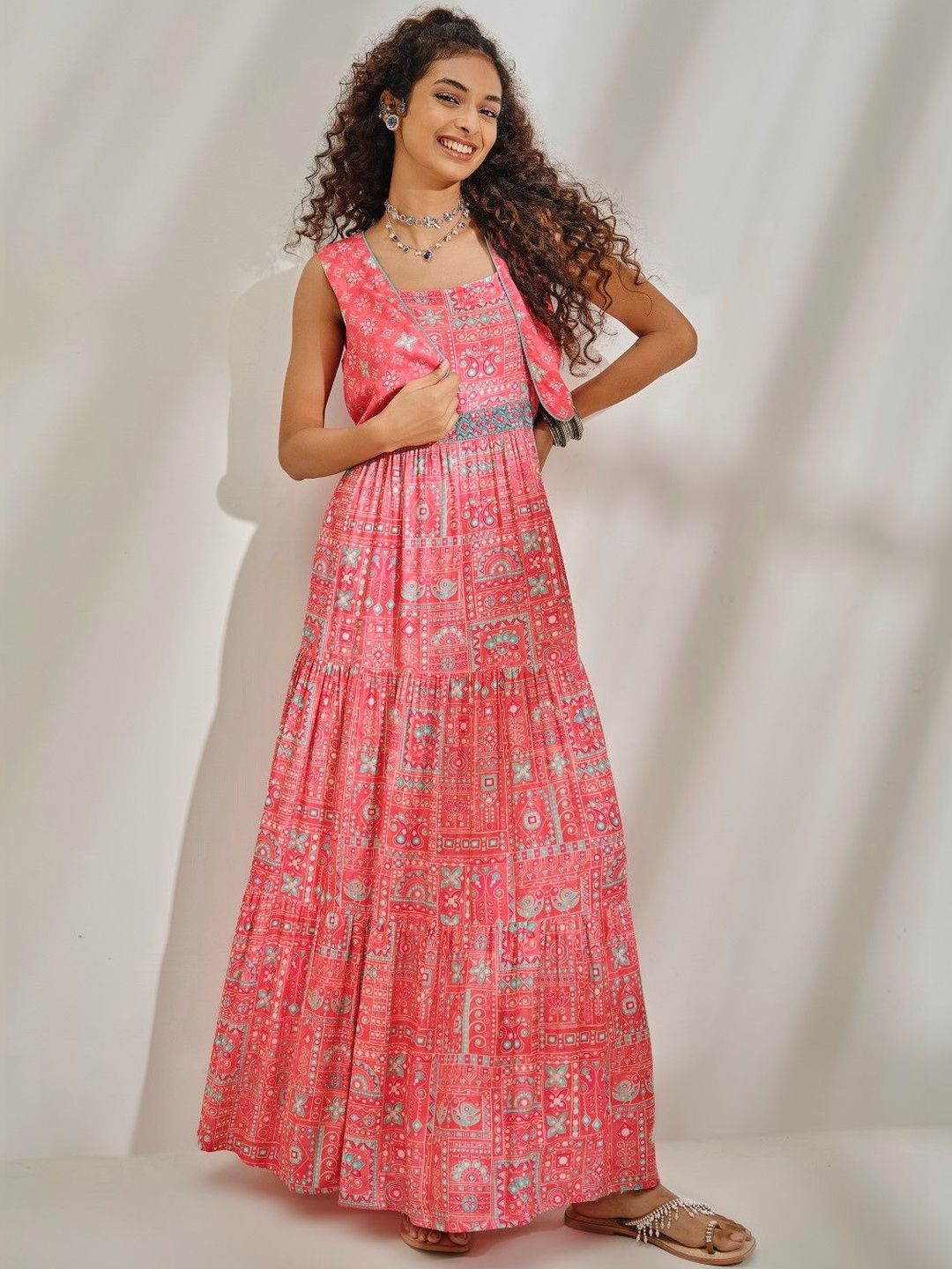 Global Desi Global Desi Women Coral Flared Maxi Dress