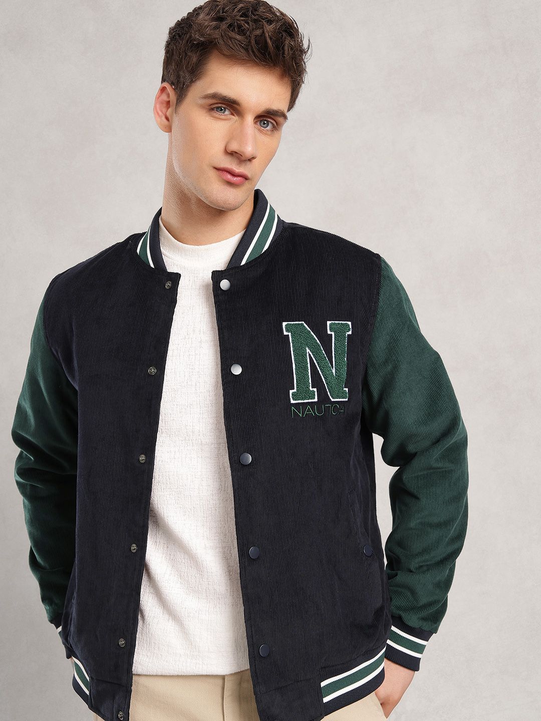 Nautica Brand Logo Embroidered Mandarin Collar Corduroy Varsity Bomber Jacket