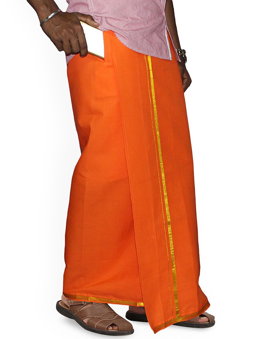 PRAKASAM COTTON Men's Single Orange Colour with Jari Border Welcro Pocket Dhoti