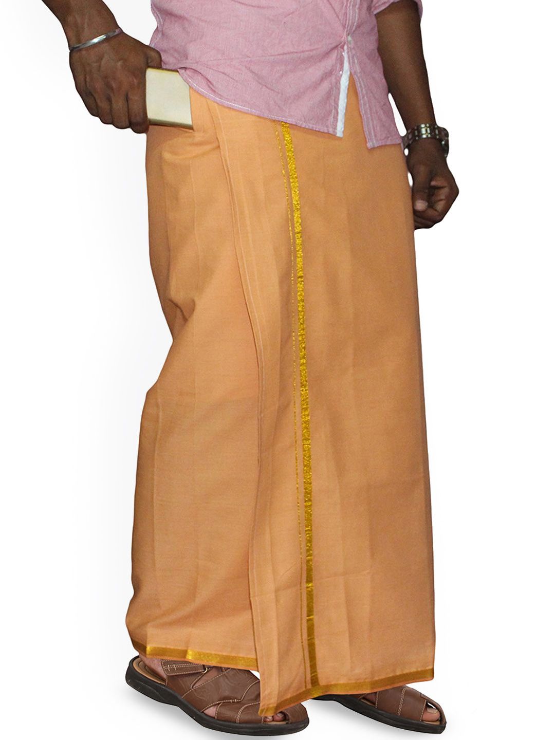 PRAKASAM COTTON Men's Single L.Kavi Colour with Jari Border Welcro Pocket Dhoti